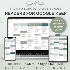 Editable Headers for Google Keep – 100 Family Custom Headers in 2 Sage Aesthetic Styles • Back to School Organizer• JPEG Files
