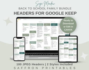 Google Keep Headers: Sage Green Family Organizer, Editable in Canva (JPEG Files, PDF Links