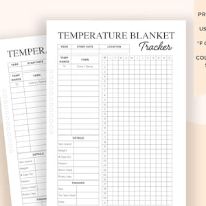 Può includere: Due tracker per coperte termiche PDF stampabili. Il design include sezioni per anno, data di inizio, posizione, intervallo di temperatura, filato e una griglia per la registrazione giornaliera della temperatura. Include le opzioni Fahrenheit e Celsius.