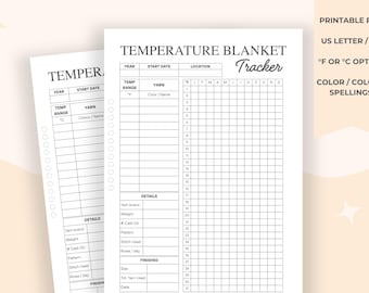 May include: Two printable PDF temperature blanket trackers. The design includes sections for year, start date, location, temperature range, yarn, and a grid for daily temperature recording. Includes Fahrenheit and Celsius options.