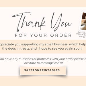 Thank you page for Saffron Printables knitting and crochet planner. Text thanks customers for supporting the small business and includes a note about keeping dogs in treats. A photo of a dog with the caption “Saffron, Head of Design and Eater of Apple Pencils” appears in the corner.