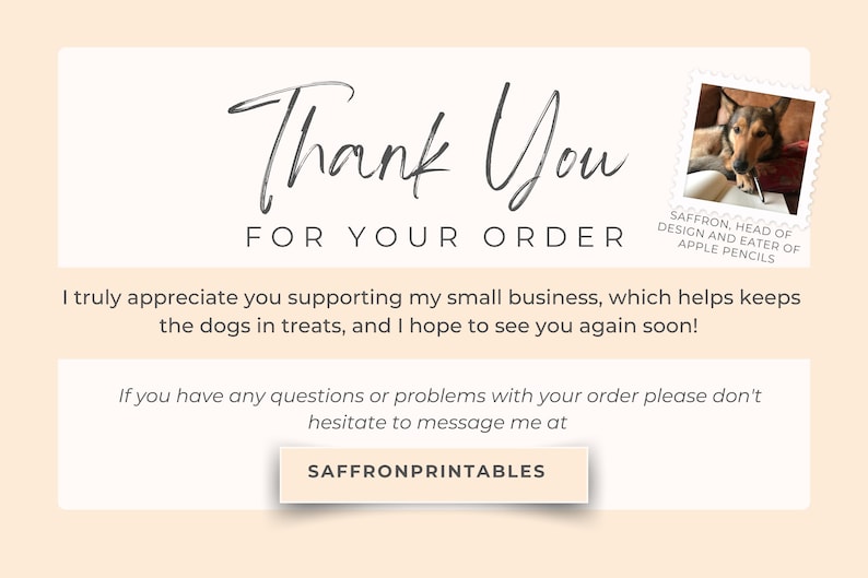 Thank you page for Saffron Printables knitting and crochet planner. Text thanks customers for supporting the small business and includes a note about keeping dogs in treats. A photo of a dog with the caption “Saffron, Head of Design and Eater of Apple Pencils” appears in the corner.