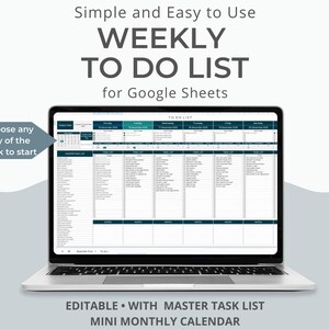 May include: A laptop displays a weekly to-do list template for Google Sheets. The screen shows a detailed schedule with sections for each day, and the text "Choose any day of the week to start". The design includes the text "Simple and Easy to Use".