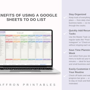 May include: A laptop displays a Google Sheets to-do list template with color-coded sections. The screen shows a detailed planner with rows and columns for task management. Text on the left reads "Benefits of Using a Google Sheets To Do List."