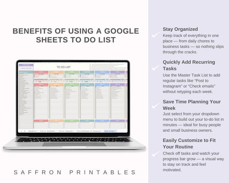 May include: A laptop displays a Google Sheets to-do list template with color-coded sections. The screen shows a detailed planner with rows and columns for task management. Text on the left reads "Benefits of Using a Google Sheets To Do List."
