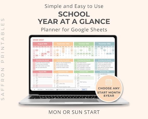 School Year Calendar Google Sheets Template • 2026 - 2027 Editable Year at a Glance Planner