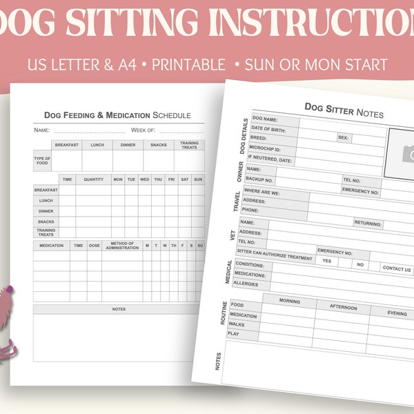Pet Sitter Instructions, Pet Sitter Notes, Dog Schedule, Dog Feeding Schedule,  Pet Sitter Checklist, Dog Sitter Printable PDF
