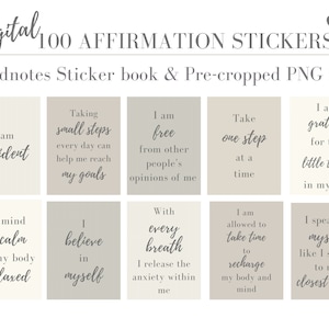 Adesivi digitali di affermazione positiva per pianificatori digitali/Libro di adesivi Goodnotes e file PNG pre-ritagliati in una combinazione di colori neutri