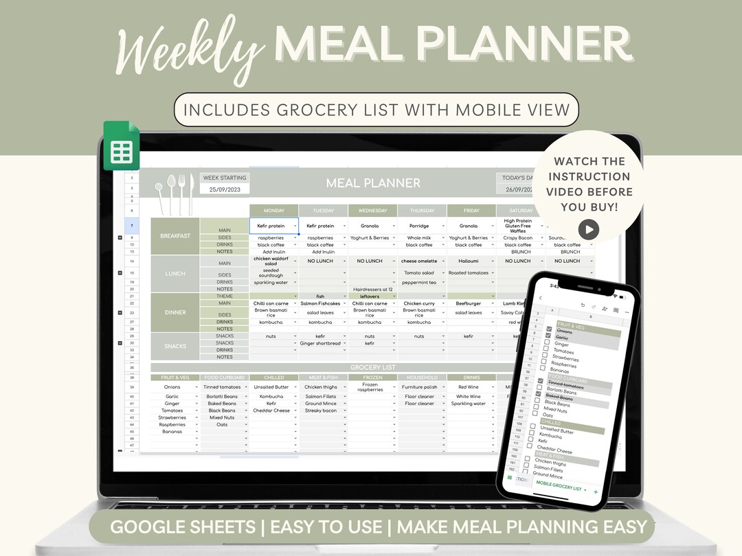 Weekly Meal Planner Google Sheets, Green Meal Plan Template, Digital
