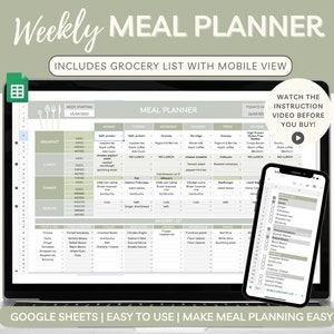 Weekly Meal Planner Google Sheets, Green Meal Plan Template, Digital Meal Planner, Meal Planning, Weekly Meal Plan, Grocery Shopping List