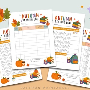 Könnte beinhalten: Drei weiße Lese-Logbücher aus Papier mit der Aufschrift Autumn Reading Log, verziert mit bunten Illustrationen von Kürbissen, Bücherstapeln, Eicheln und Herbstblättern. Die Logbücher enthalten Tabellen zur Erfassung von Buchtiteln, Autoren und Bewertungen.