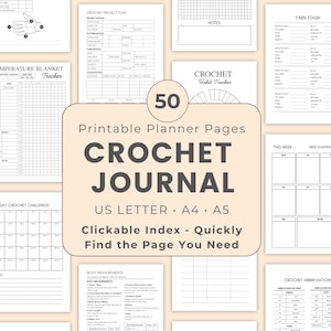 Può includere: Una raccolta di pagine stampabili di un diario di uncinetto. Il diario include modelli per un contatore di giri, un tracker per coperte termiche e una registrazione della scorta di filati. Il diario è intitolato "CROCHET JOURNAL" e include il testo "50 Printable Planner Pages".