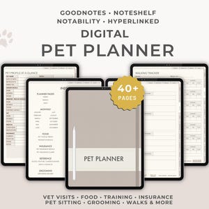 May include: Digital pet planner displayed on tablets. The planner includes sections for pet profiles, planner pages, and a walking tracker. The image also highlights features like vet visits, food, training, and grooming. The planner has over 40 pages.