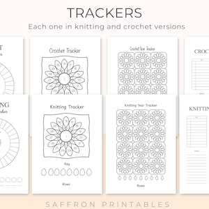 Image show 8 different trackers - 4 for crochet and 4 for knitting