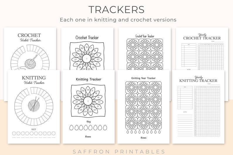 Image show 8 different trackers - 4 for crochet and 4 for knitting