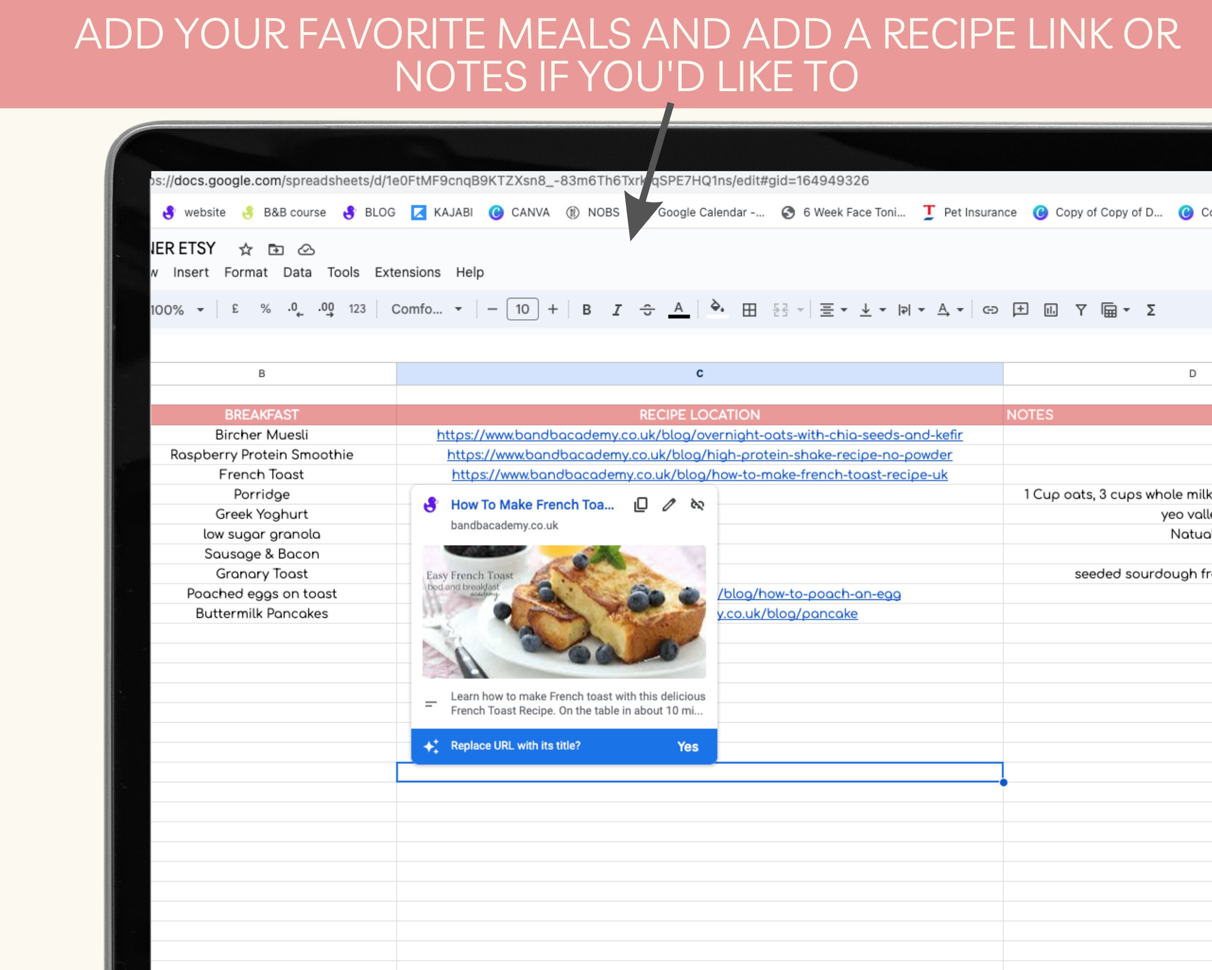 Weekly Meal Planner Google Sheets, Meal Plan Template, Digital Meal