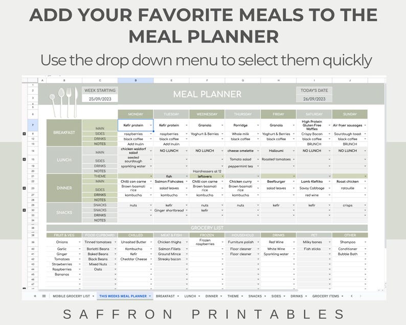 Weekly Meal Planner for Google Sheets | Pastel Green Template With ...