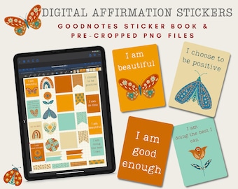 May include: A set of digital affirmation stickers for Goodnotes, featuring colorful illustrations of butterflies, flowers, and moths. The stickers include positive affirmations such as "I am beautiful", "I choose to be positive", "I am good enough", and "I am doing the best I can".