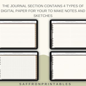 May include: Four digital paper templates displayed on a tablet screen. The templates include lined paper, grid paper, and blank paper. The text "THE JOURNAL SECTION CONTAINS 4 TYPES OF DIGITAL PAPER FOR YOUR TO MAKE NOTES AND SKETCHES" is displayed at the top of the image. The text "SAFFRONPRINTABLES" is displayed at the bottom of the image.