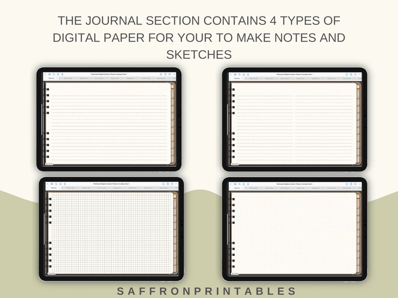 May include: Four digital paper templates displayed on a tablet screen. The templates include lined paper, grid paper, and blank paper. The text "THE JOURNAL SECTION CONTAINS 4 TYPES OF DIGITAL PAPER FOR YOUR TO MAKE NOTES AND SKETCHES" is displayed at the top of the image. The text "SAFFRONPRINTABLES" is displayed at the bottom of the image.