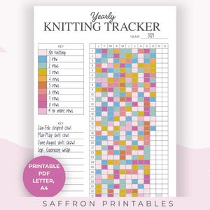 Könnte beinhalten: Ein druckbarer Strick-Tracker für 2025 mit einem farbcodierten Raster zur Verfolgung der Reihen. Der Schlüssel verwendet Farben, um die Anzahl der gestrickten Reihen darzustellen. Enthält eine Liste von Projekten für jede Jahreszeit. Der Text "SAFFRON PRINTABLES" steht unten.