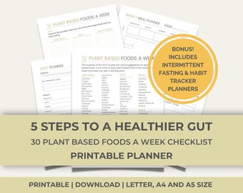 May include: Printable planner with a yellow background and the text "5 Steps to a Healthier Gut" and "30 Plant Based Foods a Week Checklist". The planner includes a weekly meal planner, a daily planner, and a list of 30 plant-based foods.