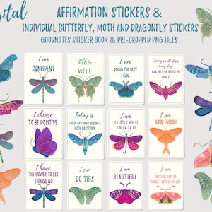 Adesivi digitali per l'affermazione di una farfalla / Farfalle viola, falene e libellule / Adesivi Goodnotes pre-ritagliati, adesivi PNG individuali