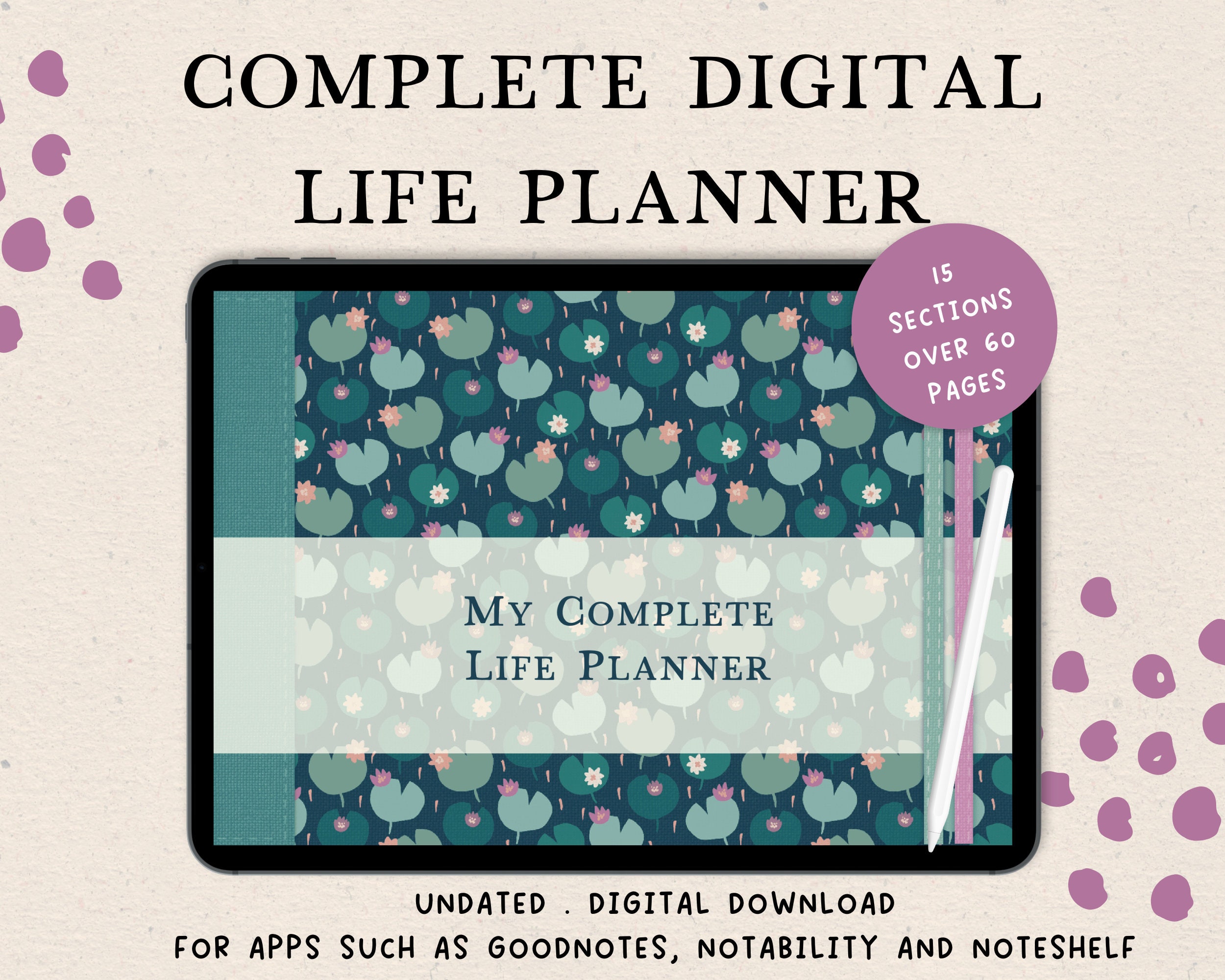 Undated Complete Life Planner, Landscape Digital Planner. Includes Intermittent Fasting Tracker. Use in Goodnotes, Noteshelf, Notability