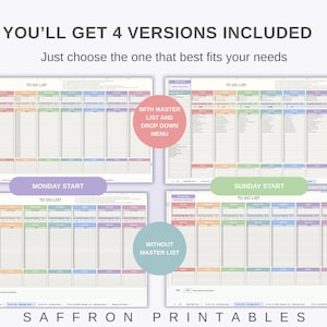 May include: Four digital to-do list templates are displayed, each with a different layout and color scheme. The templates include options for Monday or Sunday start, with or without a master list. The text "SAFFRON PRINTABLES" is at the bottom.