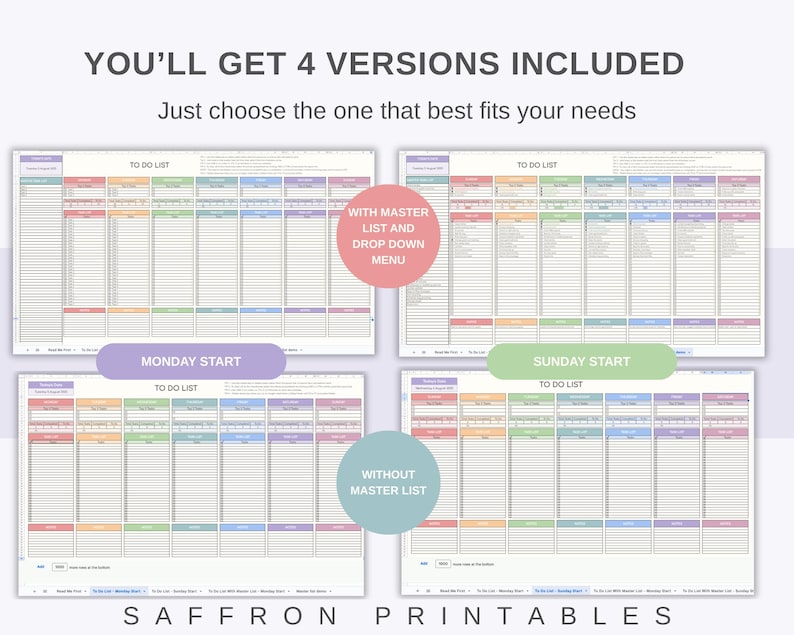 May include: Four digital to-do list templates are displayed, each with a different layout and color scheme. The templates include options for Monday or Sunday start, with or without a master list. The text "SAFFRON PRINTABLES" is at the bottom.
