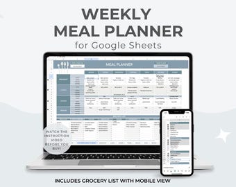 Meal Planner Google Sheets Spreadsheet | Digital Menu Planning Template with Grocery List