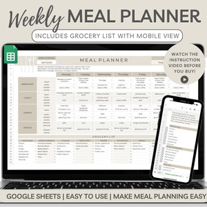 Modello di Google Fogli per pianificatore alimentare settimanale neutro (download digitale)