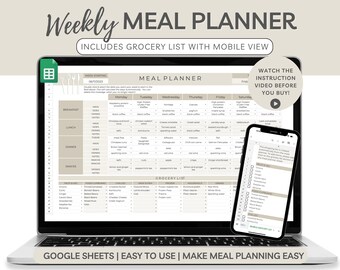 Neutral Weekly Meal Planner Google Sheets Template (Digital Download)