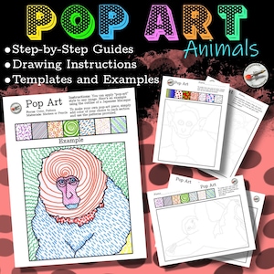 Op de afbeelding: Pop Art Animals kleurplaten met stapsgewijze instructies en voorbeelden. De pagina's bevatten een aap en een Japanse makaak. De instructies omvatten het gebruik van verschillende gekleurde stiften of potloden om de secties van de dierlijke contouren met verschillende patronen in te kleuren.