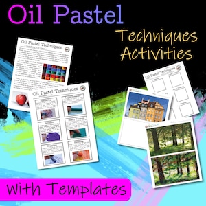 Może przedstawiać: Edukacyjny wydruk artystyczny z napisem "Oil Pastel Techniques Activities". Wydruk zawiera przykłady technik pasteli olejnych, takich jak pierzenie i mieszanie, wraz z szablonami.