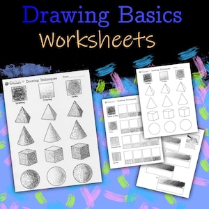Könnte beinhalten: Arbeitsblätter für die Grundlagen des Zeichnens mit dem Text "Drawing Basics Worksheets" in Blau und Orange. Die Arbeitsblätter zeigen Zeichentechniken wie Scribbeln, Stippeln und Schattieren. Geometrische Formen wie Pyramiden, Würfel und Kugeln sind ebenfalls enthalten.