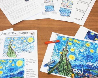 May include: A set of printable art activity sheets featuring a simplified version of Vincent van Gogh's Starry Night painting. The sheets include instructions for using oil pastels to recreate the painting, with tips on blending colors and techniques. The sheets are titled "Pastel Techniques" and "Gogh Oil Pastel".