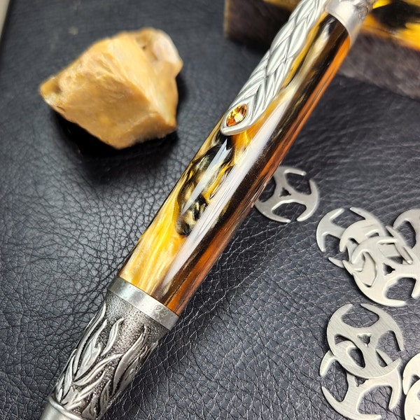 Handcrafted, Lathe-Turned Phoenix Rising Antique Pewter - Molten Metal -Twist Pen