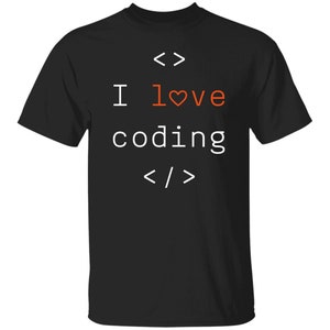 May include: Black t-shirt with white text that reads "I love coding" with a red heart symbol between "love" and "coding". The text is surrounded by angle brackets.