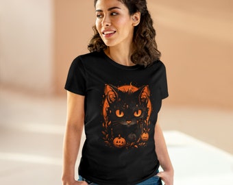 Halloween Katze Kürbisse T-Shirt für Frauen, gruselige Saison Shirt, lustige Hexe Fledermaus Grafik T-Shirt, Herbst Tops, kurze Ärmel