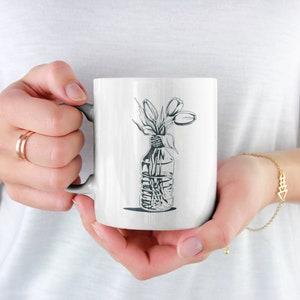 Botanical Print Mug, Plant Lovers Mug, Flowers Ceramic 11oz Mug, Inspiring Nature Leaves Coffee Mug, Tulip In Bottle Coffee Cup