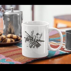 Skeleton Drummer Mug, Musician Gift Band Drummer Gift Skeleton Coffee Mugs, Drumming Rock and Roll Skeleton Hand With Drum Stick Music Lover