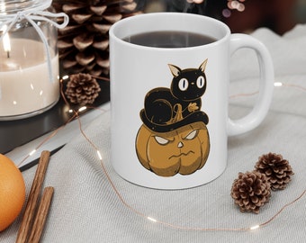 Gato negro vintage en taza de calabaza, taza de café de Halloween, taza de café de gato negro, gato vintage de temporada espeluznante de Halloween gato en calabaza Taza de gatito mascota