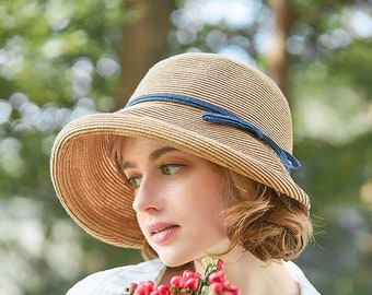 Chapeau seau de style Hepburn, chapeau pliable, chapeau de plage, chapeau de soleil, chapeau de paille Français pour femmes, chapeau de mariage de style vintage, chapeau habillé, chapeau de vacances