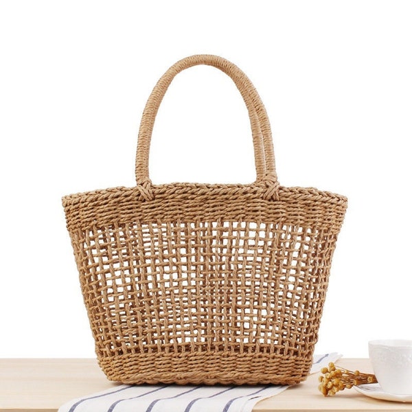 Top Handle Basket Bag, Hand Woven Hollow out Straw Bag, Braid Bag, Natural Paper Rope Crochet Bag, Knit Beach Bag, Bali Vacation Travel Bag