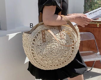 Round Tote Bag, Underarm Bag, Woven Bag, Straw Bag, Braid Bag, Paper Rope Bag, Crochet Bag, Knitted Bag, Beach Bag, Handmade Handbag