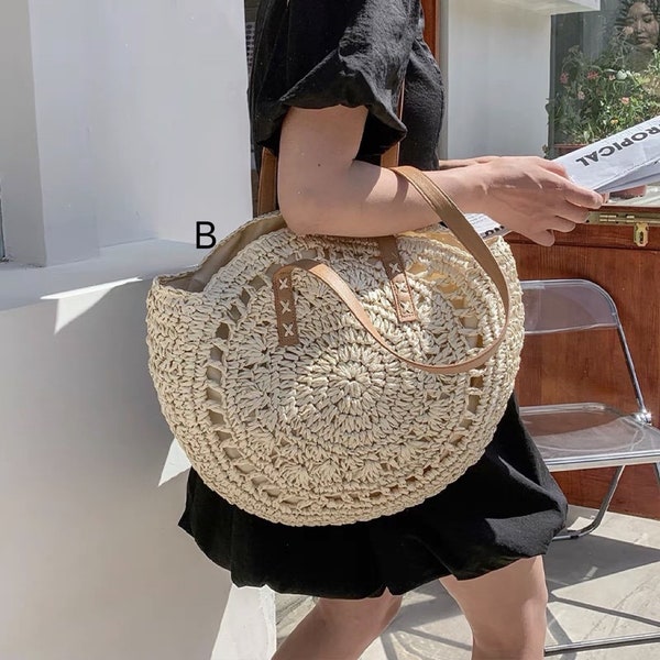 Round Tote Bag, Underarm Bag, Woven Bag, Straw Bag, Braid Bag, Paper Rope Bag, Crochet Bag, Knitted Bag, Beach Bag, Handmade Handbag