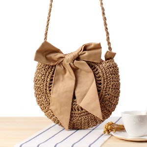 Round Straw Bag, Woven Bag with Bow Lace, Braid Bag, Paper Rope Crochet Bag, Knitted Beach Bag, Handmade Crossbody Bag