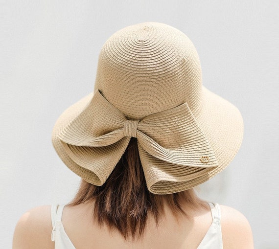 Women Vintage Fashion Folding Straw Bucket Hat Braid Summer Beach Sun Hat  w/ Bow