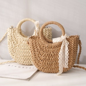 Straw Bag Basket with Drawstring Inner Pocket, Woven Bag with Lace, Braid Bag, Knitted Beach Bag, Handmade Handbag, Small Crossbody Bag